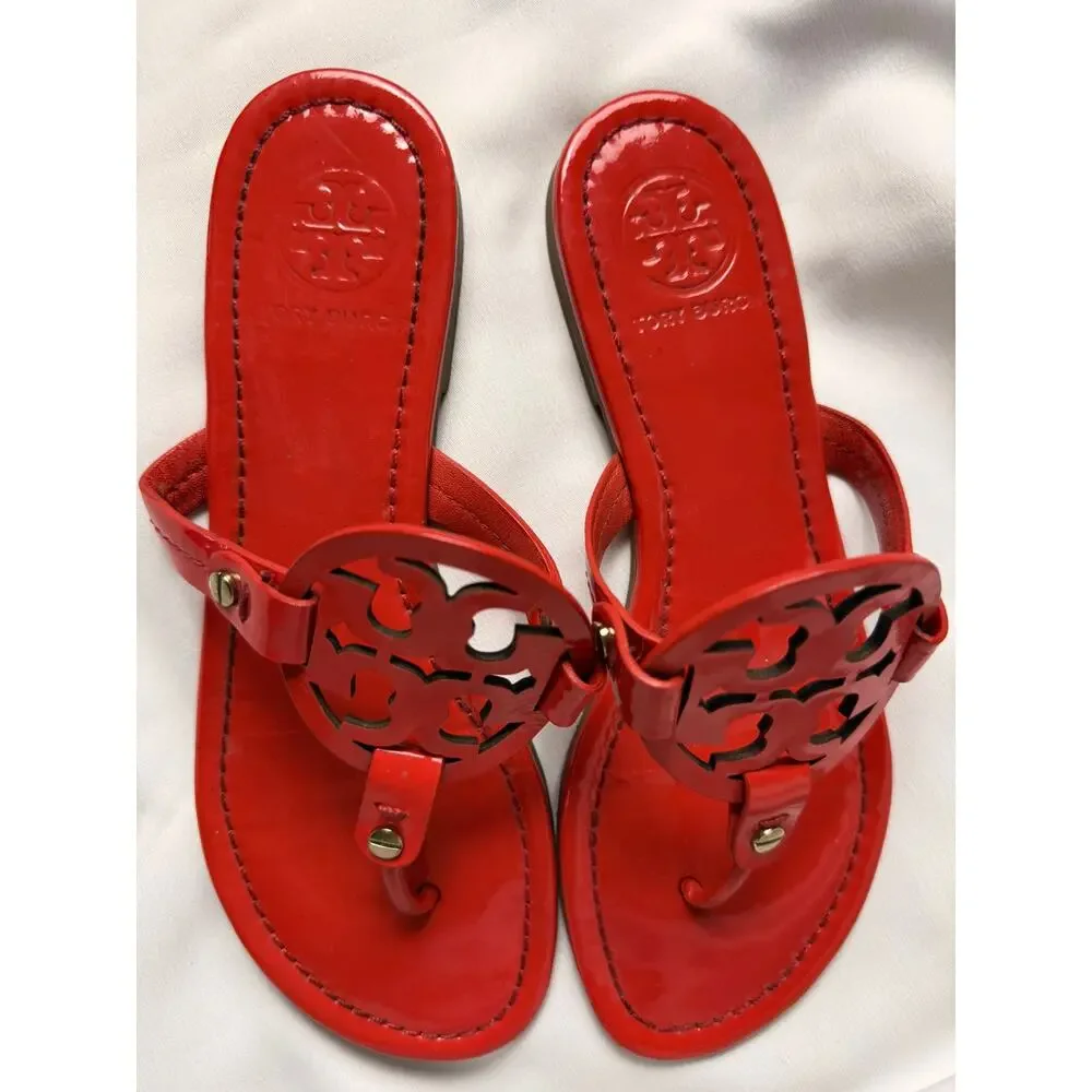 Tory Burch Miller Sandals Red Patent Leather Logo Thong Women’s Size 6